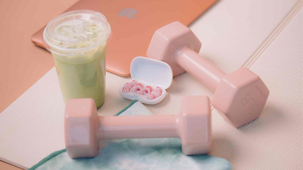 Pink Dumbells with Hear Hush Hoops and Matcha Drink