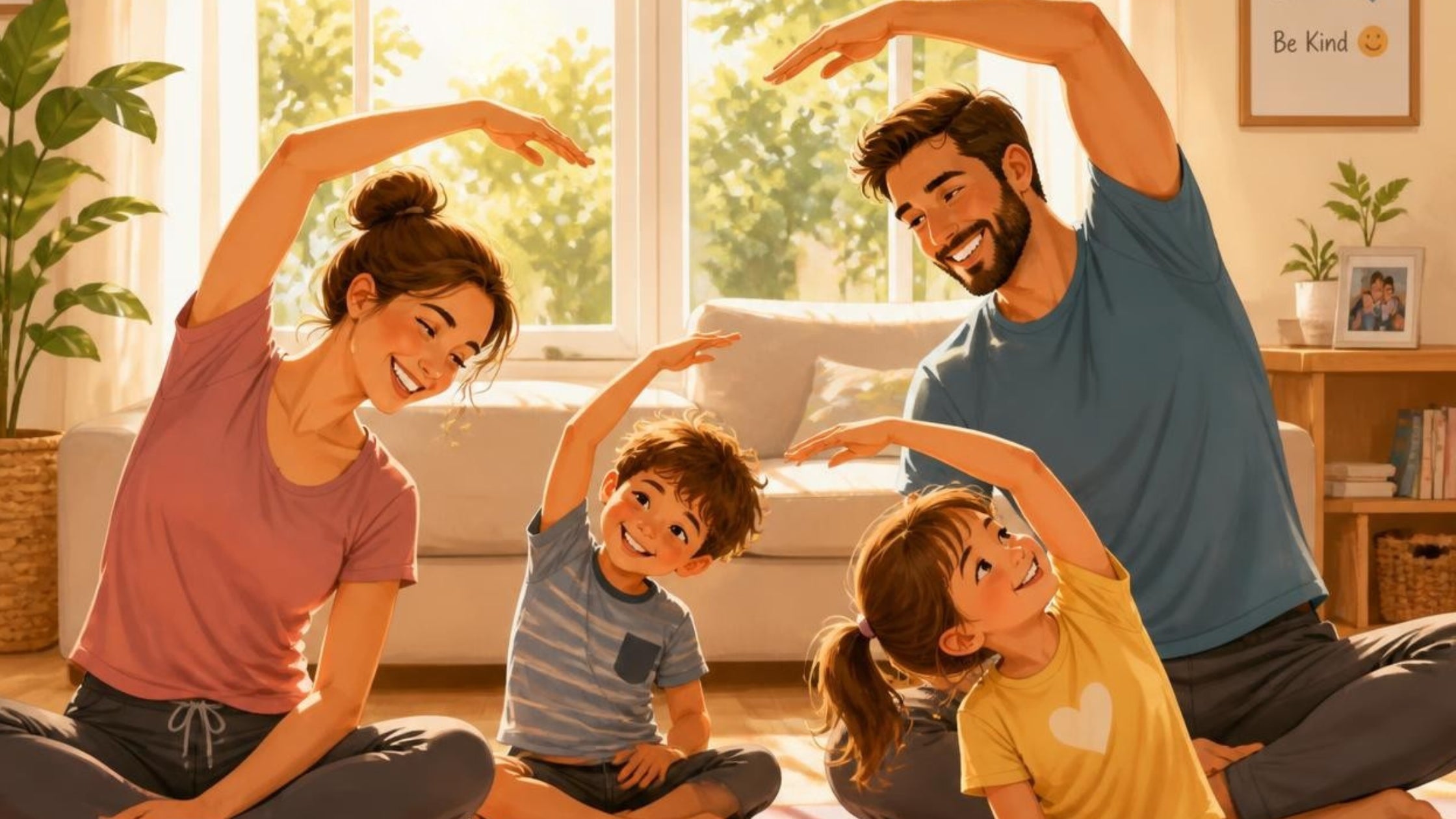 family doing yoga and stretching together