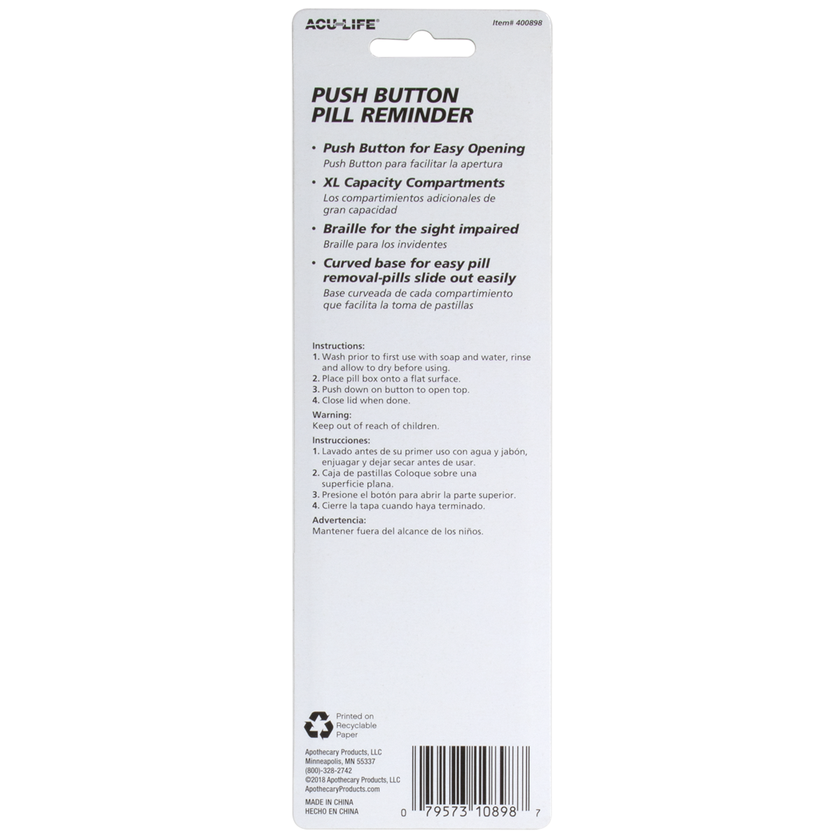 Acu-Life® 7 Day Push Button Pill Reminder (XL)
