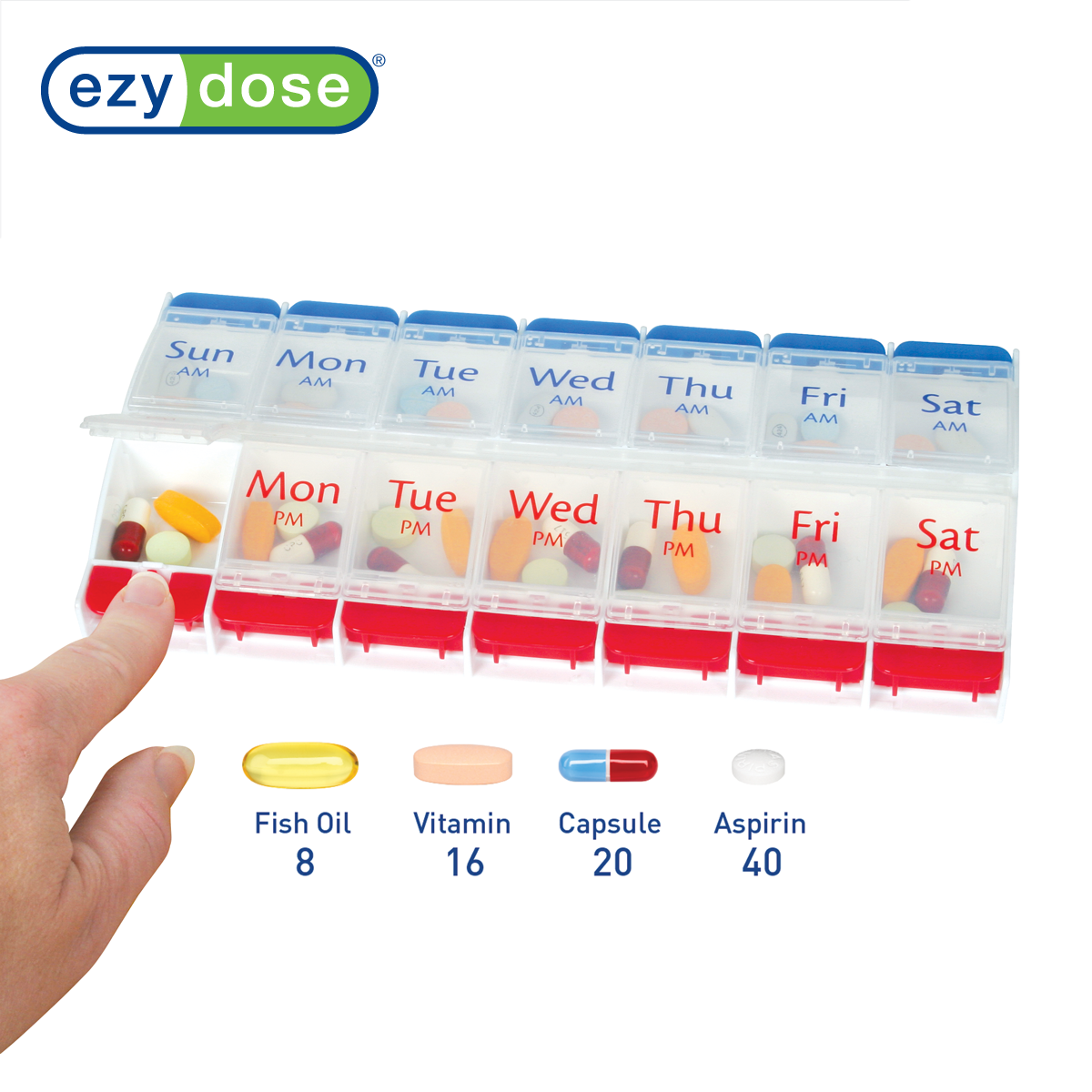 Ezy Dose® Push Button Weekly AM/PM Pill Organizer, Red and Blue (XL)