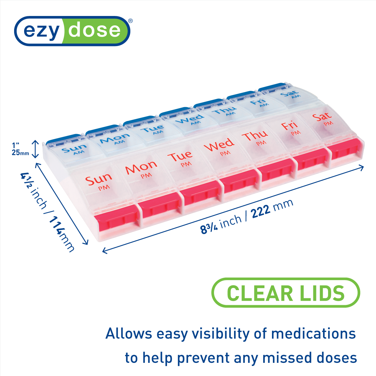 Ezy Dose® Push Button Weekly AM/PM Pill Organizer, Red and Blue (XL)