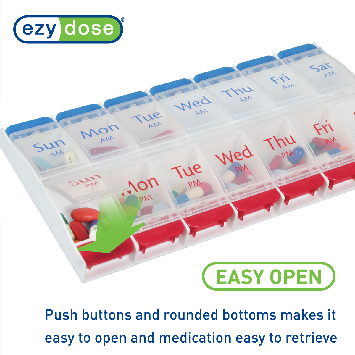 Ezy Dose® Push Button Weekly AM/PM Pill Organizer, Red and Blue (XL)