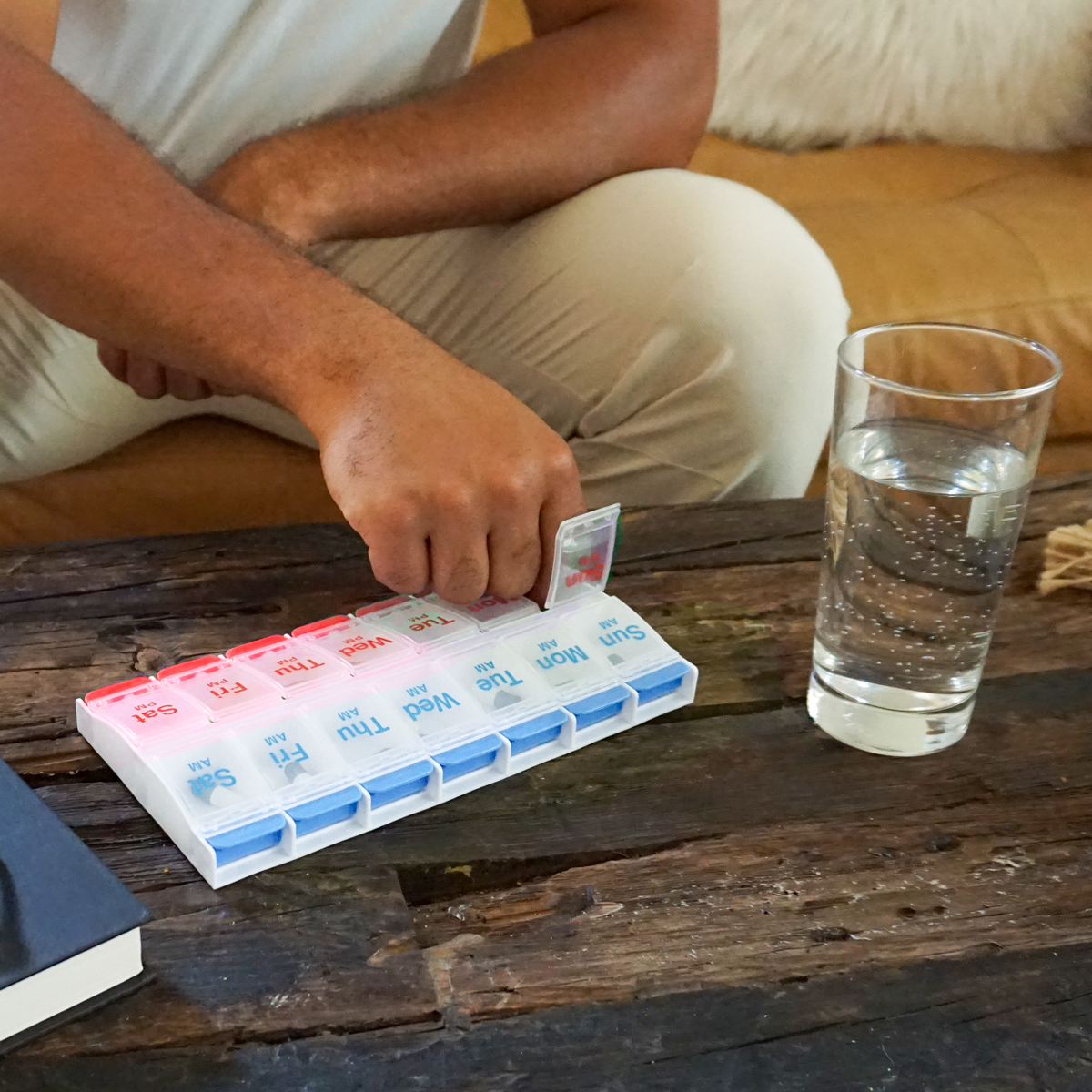 Ezy Dose® Push Button Weekly AM/PM Pill Organizer, Red and Blue (XL)