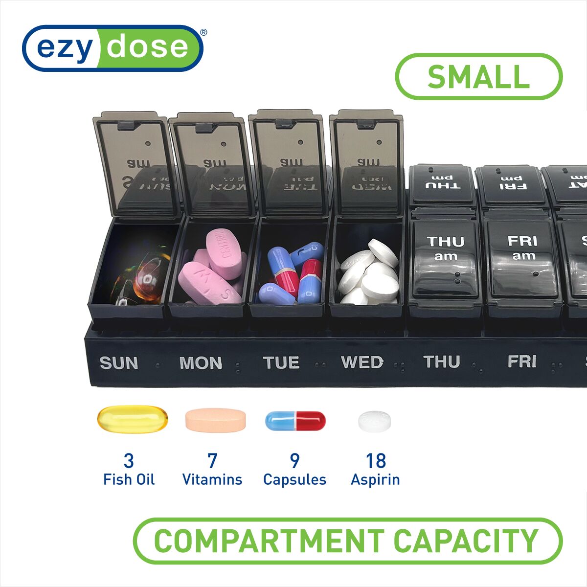 EZY DOSE Weekly, AM/PM Daily Pill Organizer, 7-Day Medicine Planner, Vitamin Container, Small Pop-Out Compartments