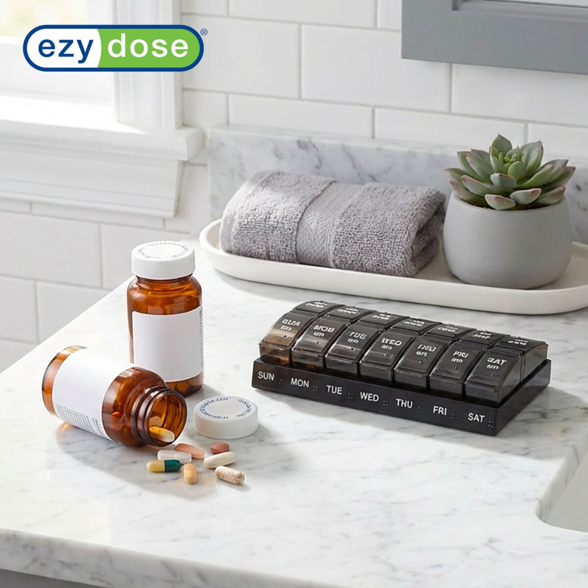 EZY DOSE Weekly, AM/PM Daily Pill Organizer, 7-Day Medicine Planner, Vitamin Container, Small Pop-Out Compartments