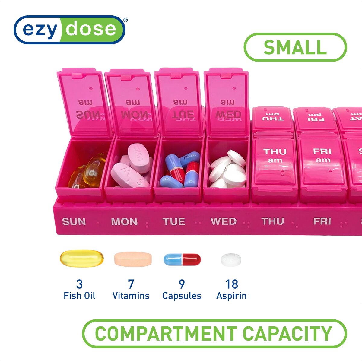 EZY DOSE Weekly, AM/PM Daily Pill Organizer, 7-Day Medicine Planner, Vitamin Container, Small Pop-Out Compartments