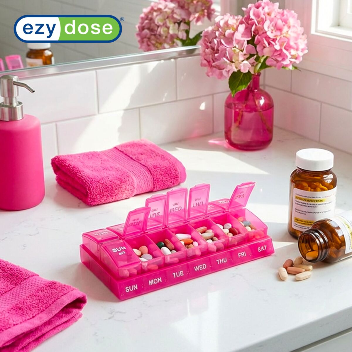 EZY DOSE Weekly, AM/PM Daily Pill Organizer, 7-Day Medicine Planner, Vitamin Container, Small Pop-Out Compartments
