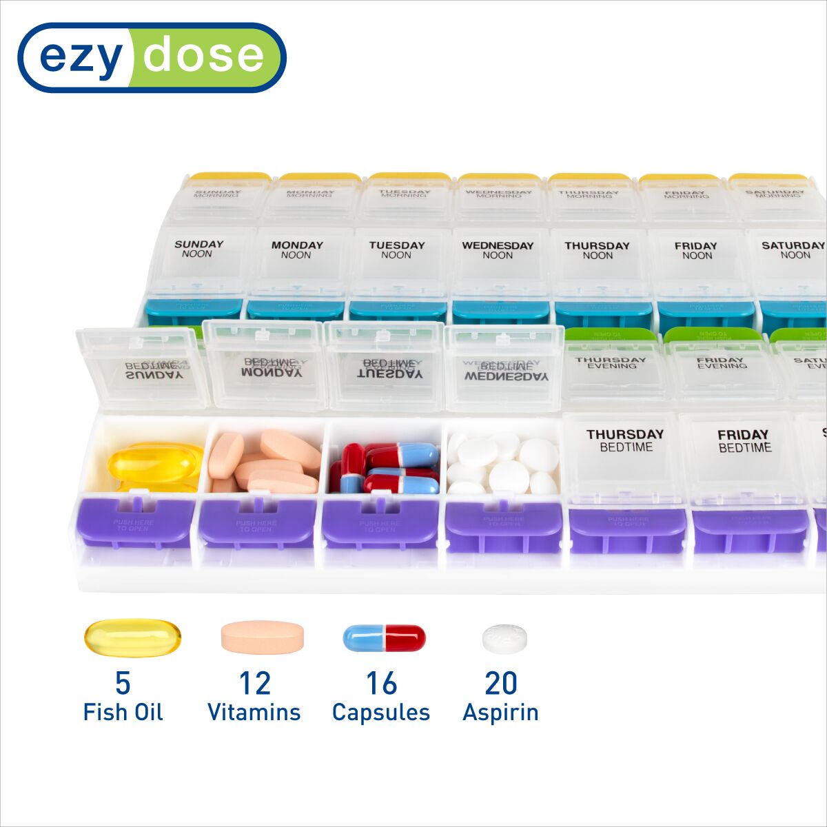 Ezy Dose® Push Button Weekly 4x/Day Pill Organizer, Multi-Color