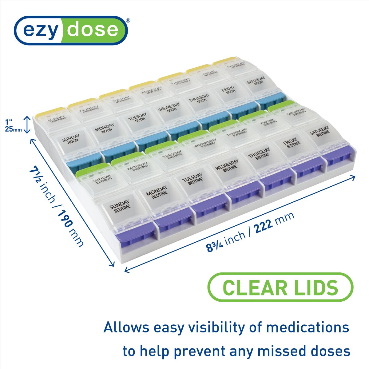 Ezy Dose® Push Button Weekly 4x/Day Pill Organizer, Multi-Color
