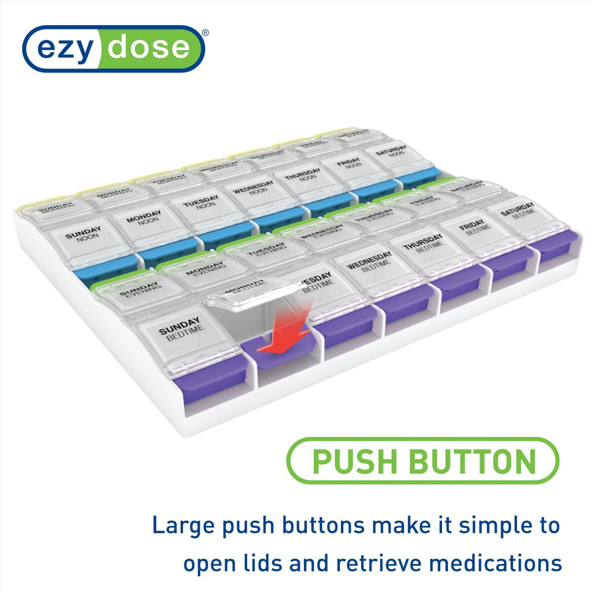 Ezy Dose® Push Button Weekly 4x/Day Pill Organizer, Multi-Color