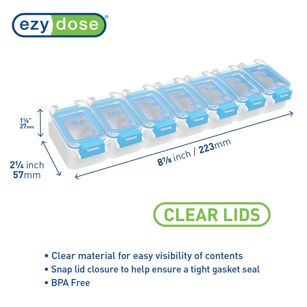 Ezy Dose Blue Pill Oganizer with Clear Lids; Snap lid closure to help ensure a tight gasket seal, BPA Free | Apothecary Brands