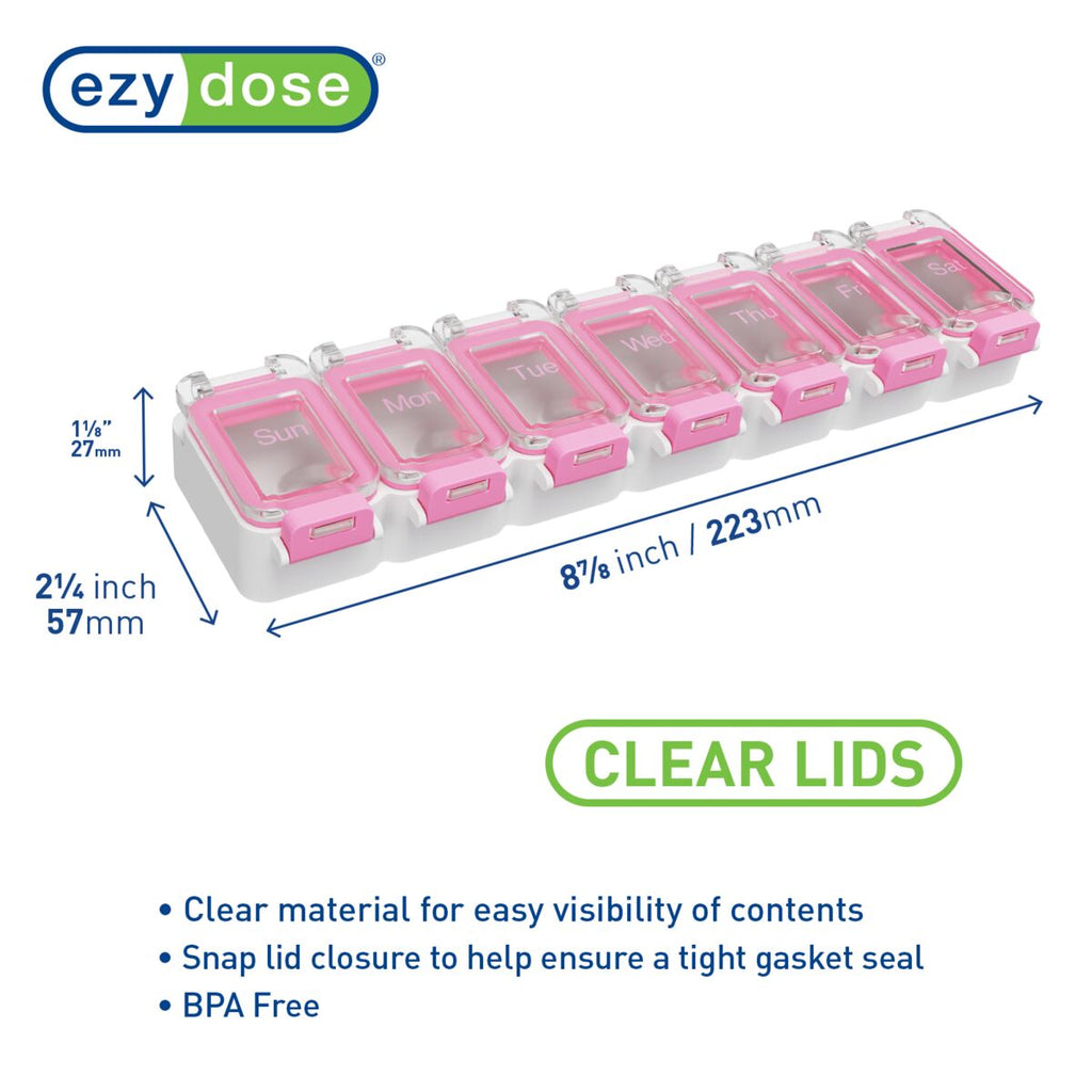 Ezy Dose Pink Pill Oganizer with Clear Lids; Snap lid closure to help ensure a tight gasket seal, BPA Free | Apothecary Brands