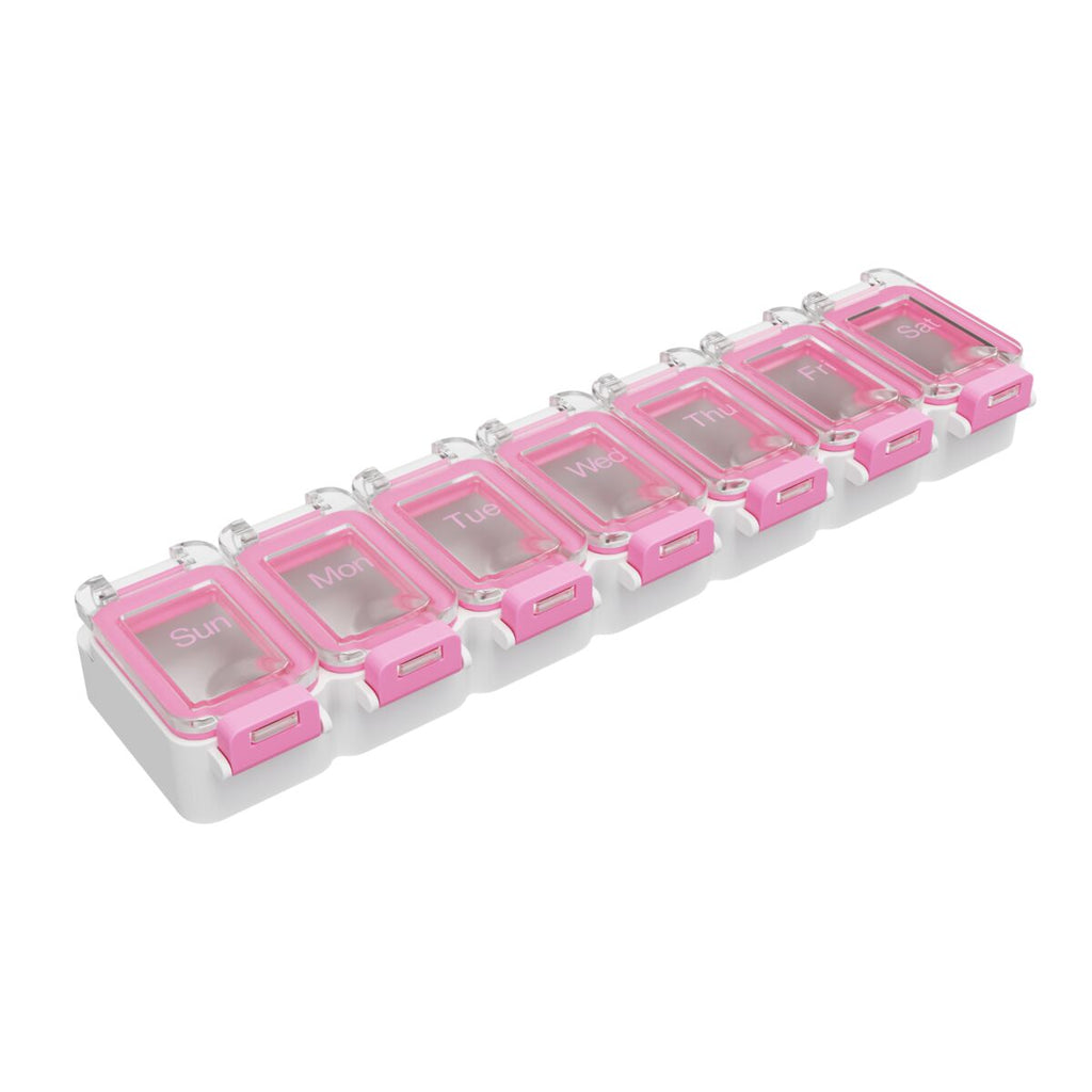 Ezy Dose Pink Pill Oganizer with Clear Lids; Snap lid closure to help ensure a tight gasket seal, BPA Free | at Apothecary Brands