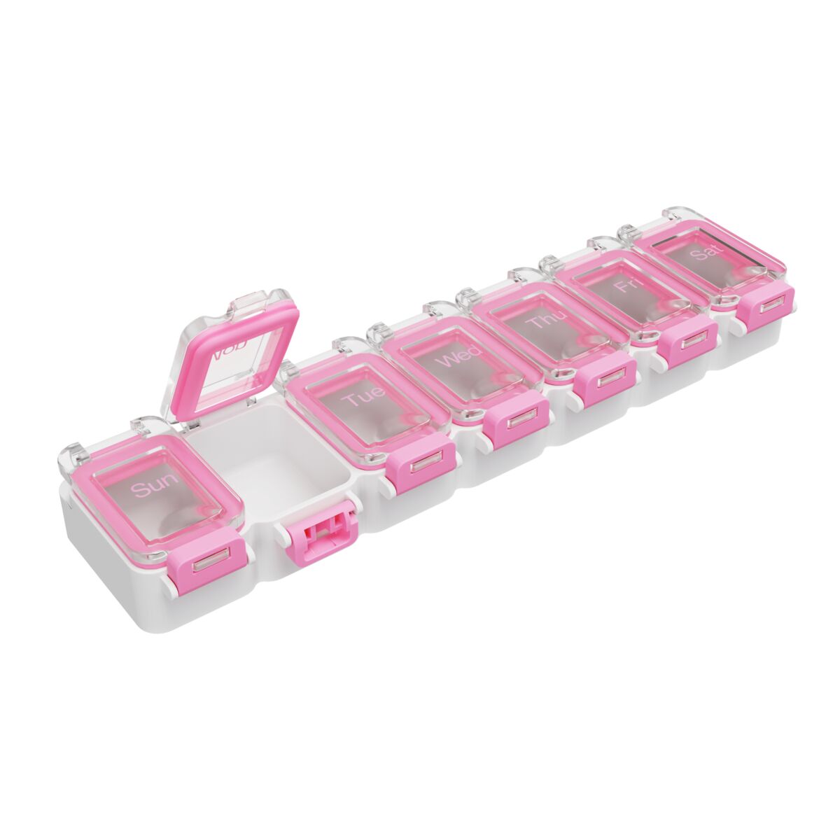 Ezy Dose Opened Pink Pill Oganizer with Clear Lids; Snap lid closure to help ensure a tight gasket seal, BPA Free | Apothecary Brands