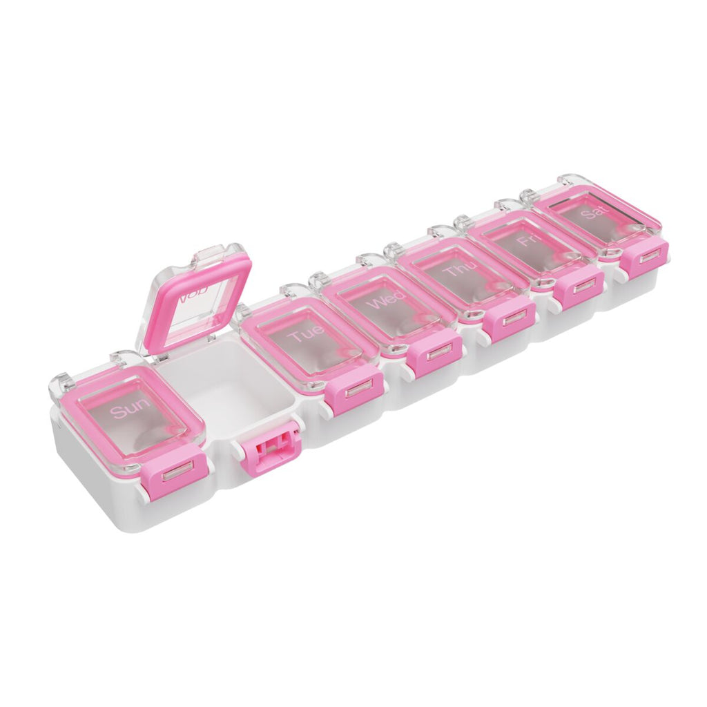 Ezy Dose Opened Pink Pill Oganizer with Clear Lids; Snap lid closure to help ensure a tight gasket seal, BPA Free | Apothecary Brands