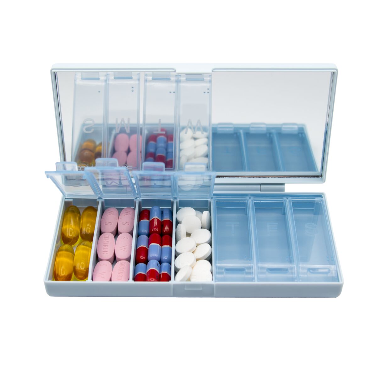 Equadose Blue Mirrored Pill Organizer with Large Capacity | Apothecary Brands