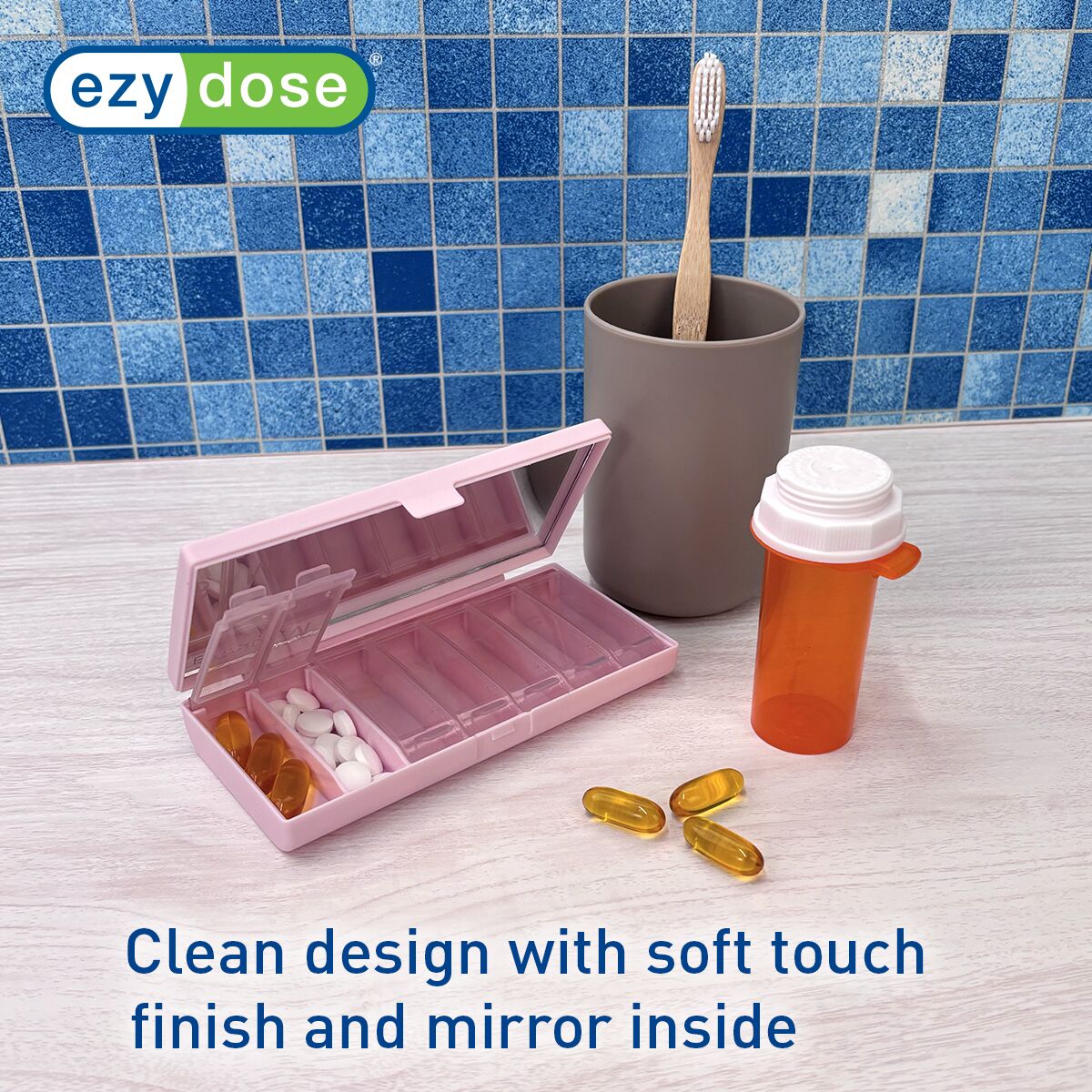 Equadose Blue Mirrored Pill Organizer with Large Capacity | Apothecary Brands - Clean Design with Soft Touch Finish and Mirror inside