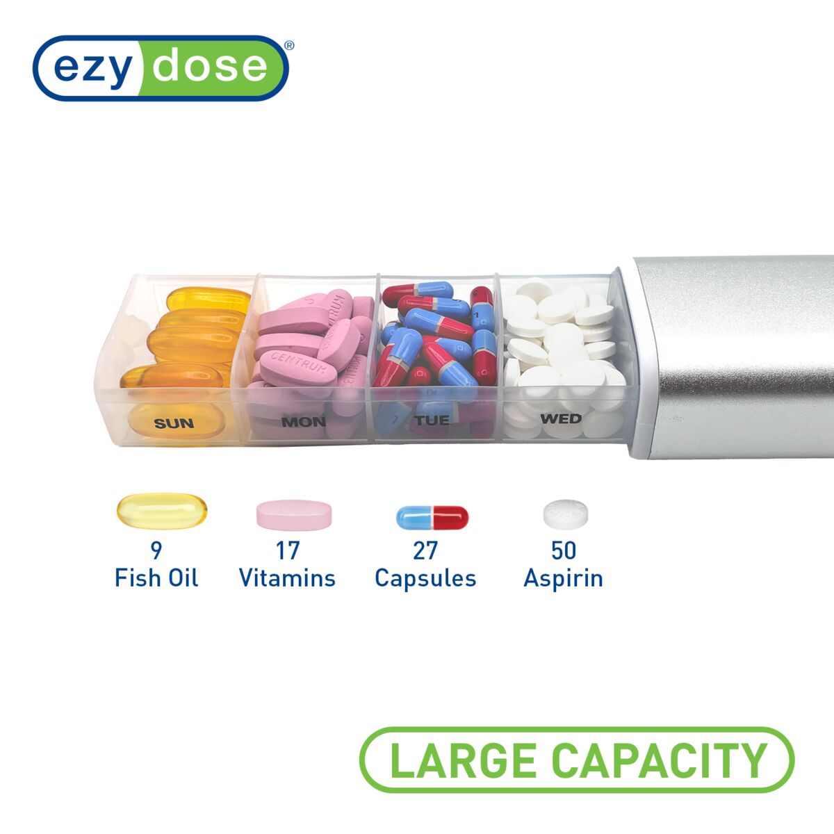Ezy Dose Silver Portable Pill Planner - Large Capacity | Apothecary Brands