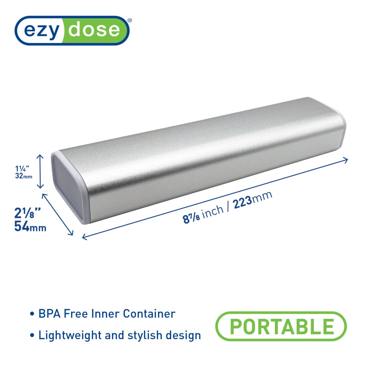 Ezy Dose Portable Pill Planner (Silver) - BPA Free Inner Container, Lightweight and stylish design | Apothecary Brands
