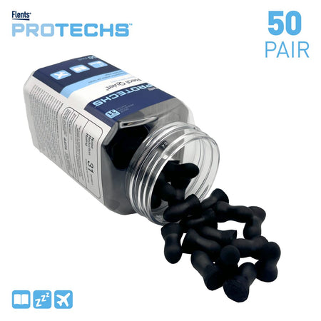 Flents Protechs 50 Pair Real Quiet Foam Ear Plugs at Apothecary Products | Display black ear plugs falling out of container