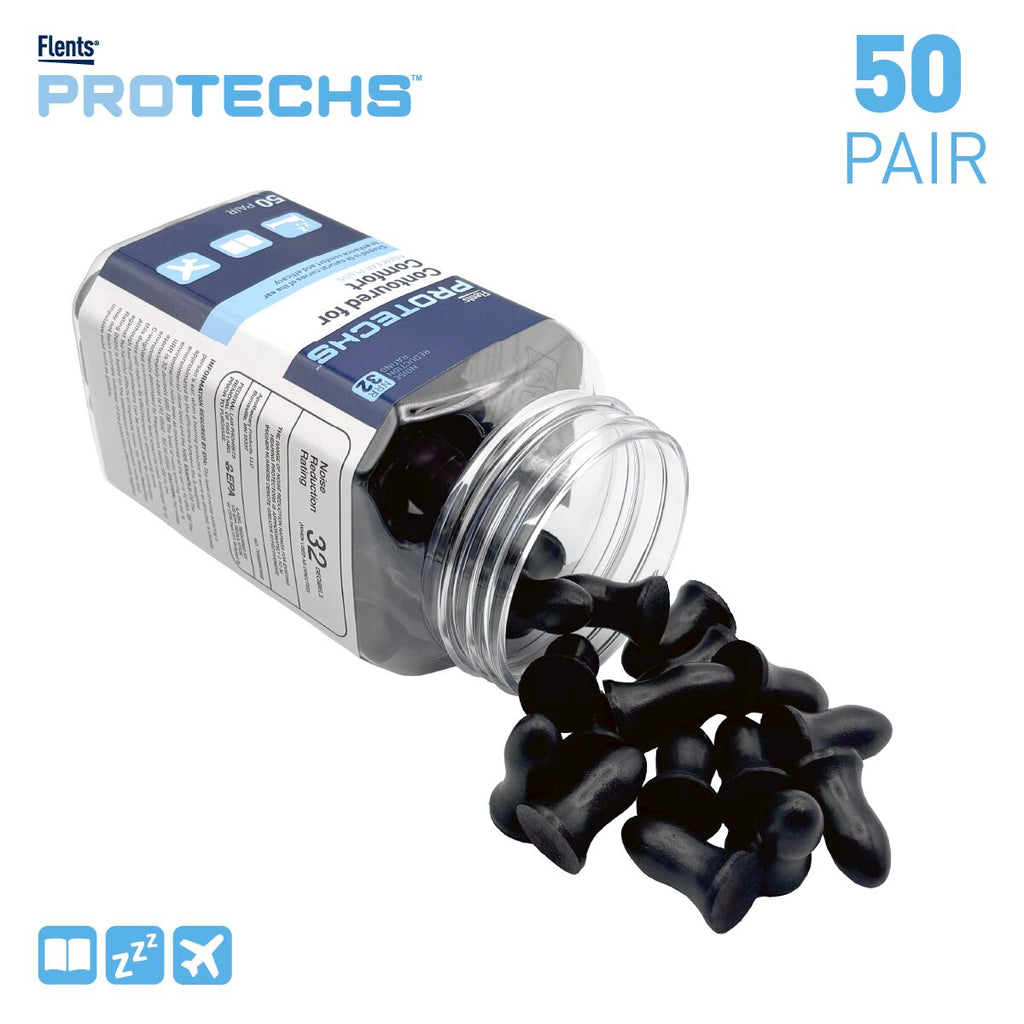 Flents Protechs 50 Pair (Black) NRR 32 Foam Ear Plugs - Contoured for Comfort | Apothecary Brands