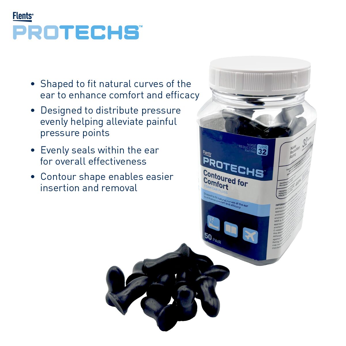 Flents Protechs Contoured for Comfort Foam Ear Plugs NRR 32 - Shaped to fit natural curves of the ear to enhance comfort and efficacy | Apothecary Brands