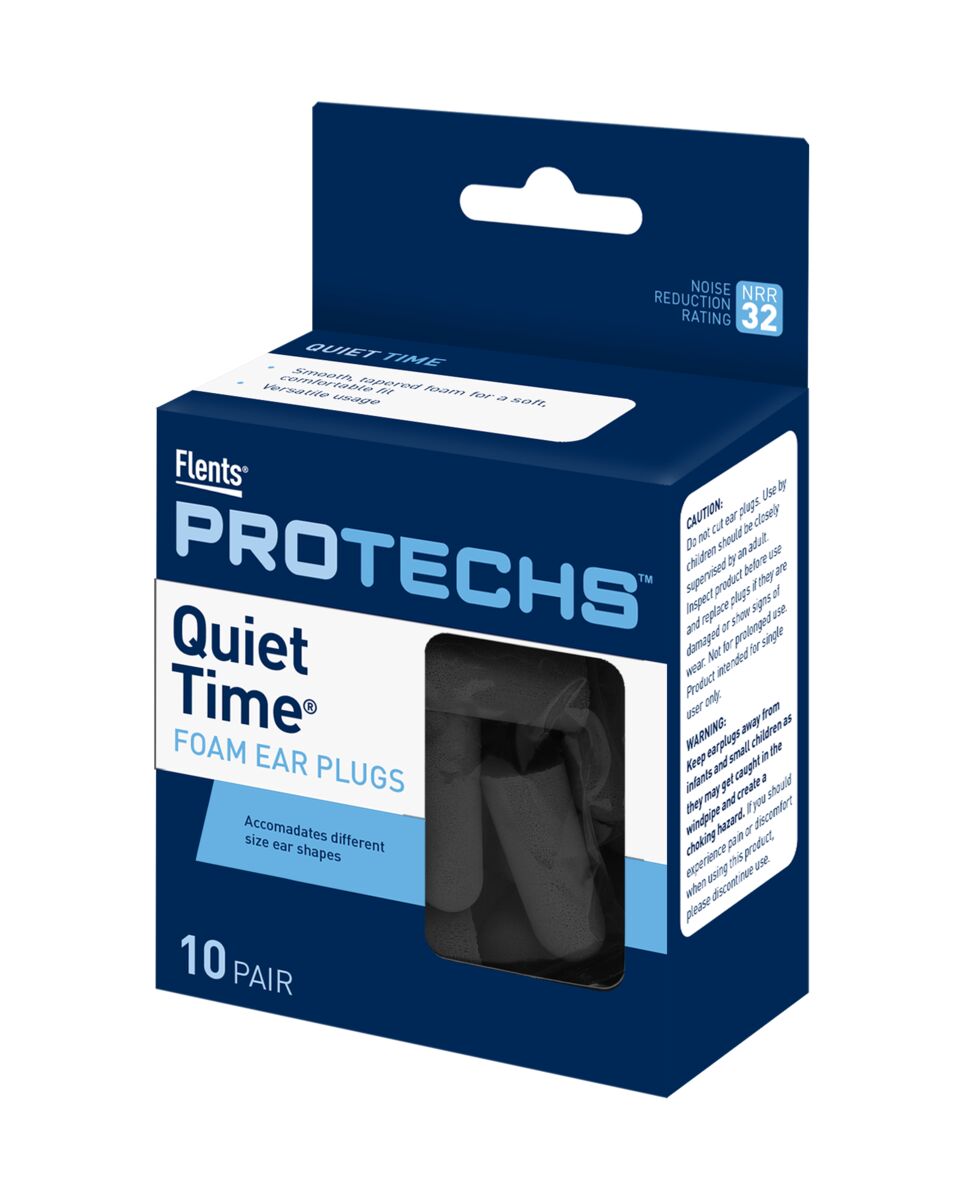Flents Protechs Quiet Time Foam Ear Plugs - 10 Pair NRR32 Black (Side View of Box) at Apothecary Brands