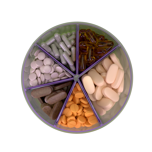 vitamin organizer with 6 compartments holding various pills