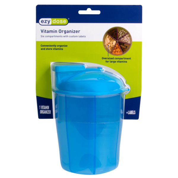 Front packaging of blue pill and vitamin organizer