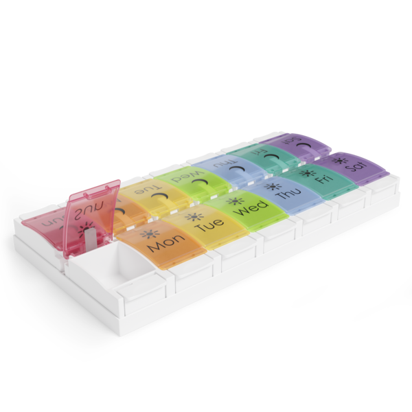 Rainbow push button weekly pill organizer, 2 times a day, am/pm pill organizer