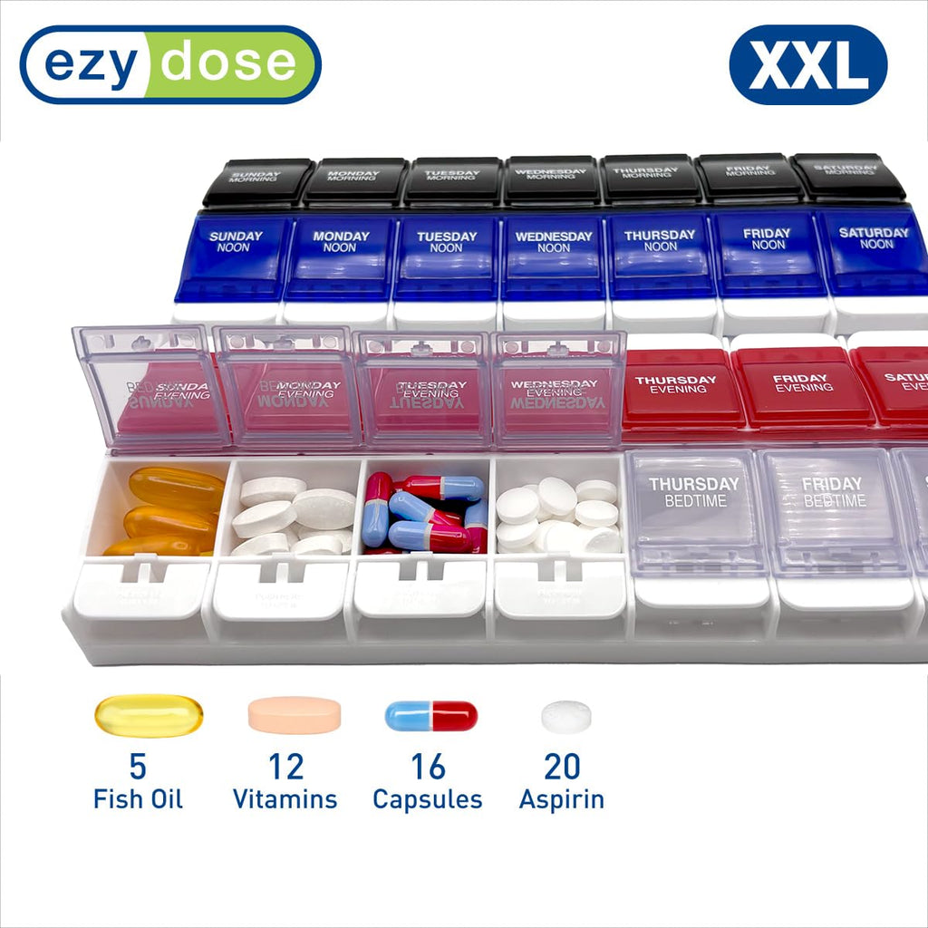 Ezy Dose® Push Button Weekly 4x/Day Pill Organizer, Blue & Red