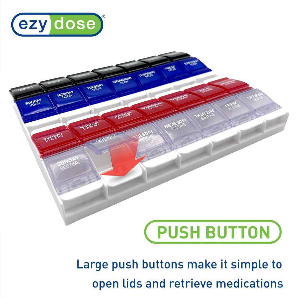 Ezy Dose® Push Button Weekly 4x/Day Pill Organizer, Blue & Red
