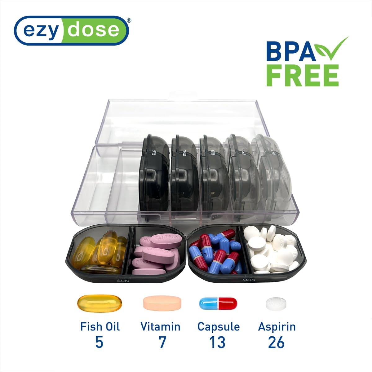 Ezy Dose® Weekly AM/PM Pill Organizer with Clear Case (Black)